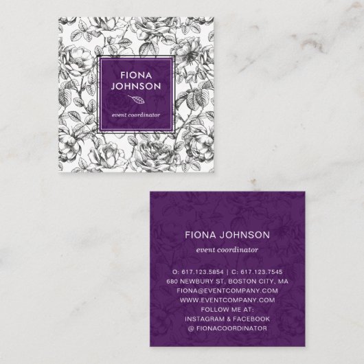 Moderne botanische Roos Black en White Paars Hint Vierkante Visitekaartje (Voorkant / Achterkant)