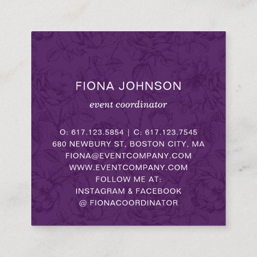 Moderne botanische Roos Black en White Paars Hint Vierkante Visitekaartje (Achterkant)