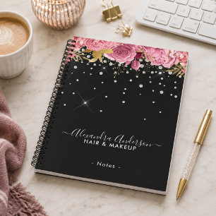 Moderne Botanische Roze Bloemendiamanten Glitters Notitieboek