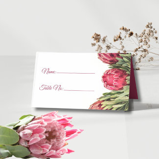 Moderne Botanische Roze Protea Bloemige Trouwtafel Plaatskaartje