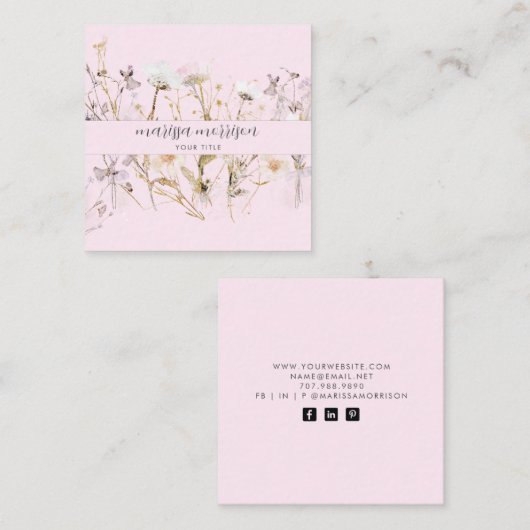 Moderne botanische roze zwarte-naamscript vierkante visitekaartje (Voorkant / Achterkant)