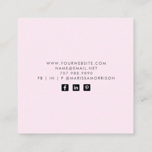 Moderne botanische roze zwarte-naamscript vierkante visitekaartje (Achterkant)