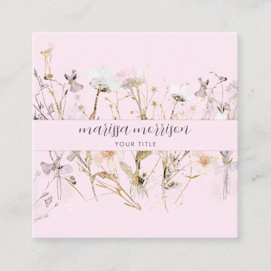 Moderne botanische roze zwarte-naamscript vierkante visitekaartje (Voorkant)