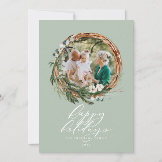 Moderne botanische sage groen 1 foto Kerstmis Feestdagenkaart (Voorkant)