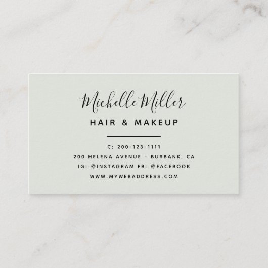 Moderne Botanische Salie Groene Script Haar Make-u Visitekaartje (Achterkant)