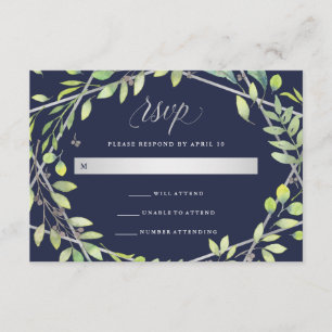 Moderne Botanische Silver Look Bruiloft RSVP Kaartje