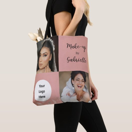 Moderne Botanische Stof Roze Boho Foto Script Logo Tote Bag (Dichtbij)