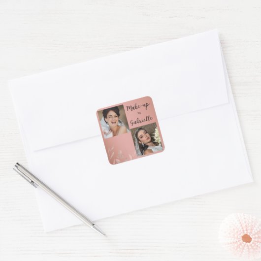 Moderne Botanische Stof Roze Boho Foto Script Vierkante Sticker (Envelop)