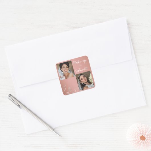 Moderne Botanische Stof Roze Boho Foto Script  Vierkante Sticker (Envelop)