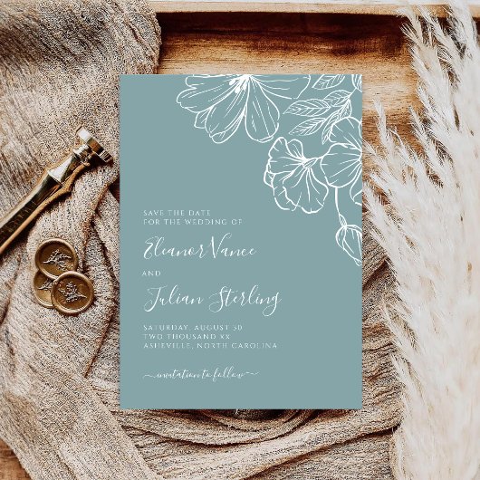 Moderne Botanische Stofblauw & Witte Lijnkunst Save The Date