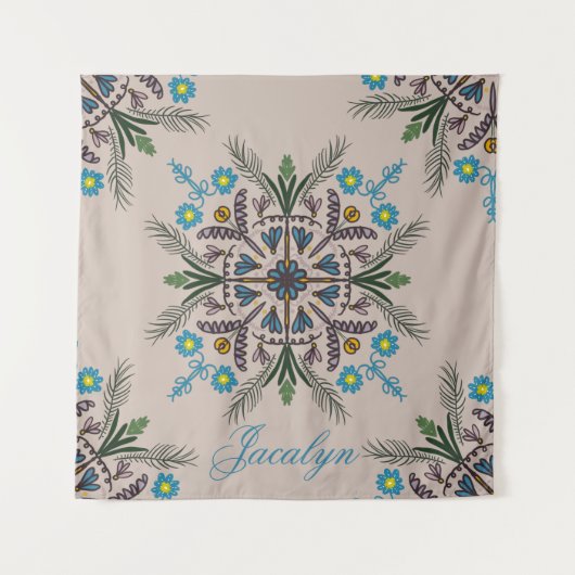 Moderne botanische tropische Boho Mandala naam Wandkleed (Voorkant)