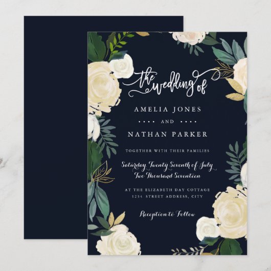 Moderne Botanische Trouwkaart Navy Kaart (Voorkant / Achterkant)