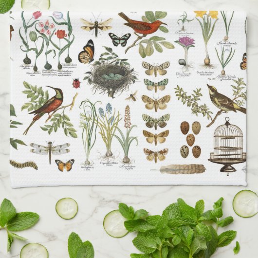 moderne  botanische vogels en bloemen in frankrijk theedoek (Gevouwen)