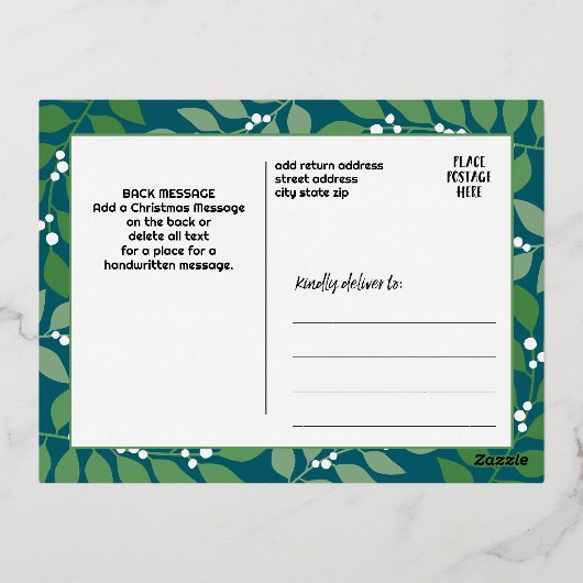 Moderne Botanische Vrolijke Kerstfoto - Blauwgroen Folie Feestdagen Briefkaart (Achterkant)