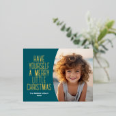 Moderne Botanische Vrolijke Kerstfoto - Blauwgroen Folie Feestdagen Briefkaart (Staand Voorkant)