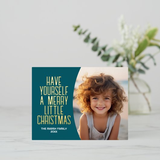 Moderne Botanische Vrolijke Kerstfoto - Blauwgroen Folie Feestdagen Briefkaart (Staand Voorkant)