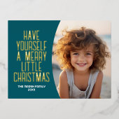 Moderne Botanische Vrolijke Kerstfoto - Blauwgroen Folie Feestdagen Briefkaart (Voorkant)