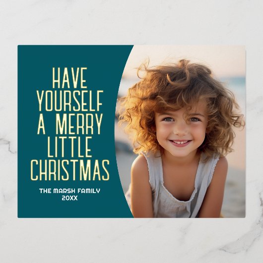 Moderne Botanische Vrolijke Kerstfoto - Blauwgroen Folie Feestdagen Briefkaart (Voorkant)