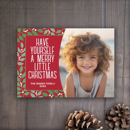 Moderne Botanische Vrolijke Kerstmis Foto diep roo Feestdagenkaart
