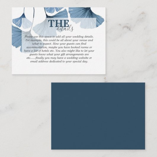 Moderne Botanische Waterverf Blauwe Gingko Bruilof Informatiekaartje (Voorkant / Achterkant)