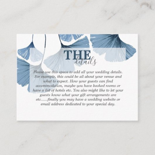 Moderne Botanische Waterverf Blauwe Gingko Bruilof Informatiekaartje (Voorkant)