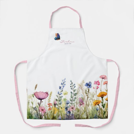 Moderne Botanische Waterverf Bloemen met Script Schort (Voorkant)