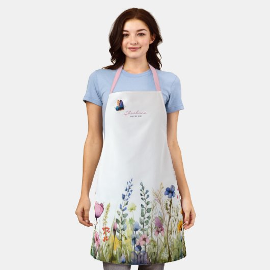 Moderne Botanische Waterverf Bloemen met Script Schort (Gedragen)