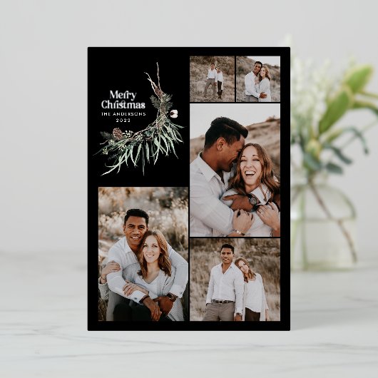 Moderne botanische waterverf met multifotoelegant folie feestdagenkaart (Staand Voorkant)