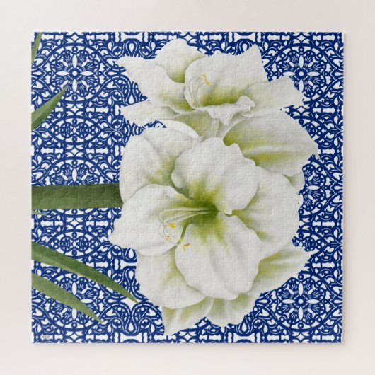 Moderne botanische witte amaryllis puzzel legpuzzel (Horizontaal)