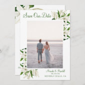 Moderne botanische | Witte Lelie ingelijst foto Save The Date (Voorkant / Achterkant)