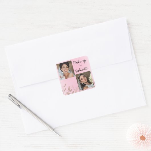 Moderne Botanische Zachte Roze Boho-Fotoscript Vierkante Sticker (Envelop)