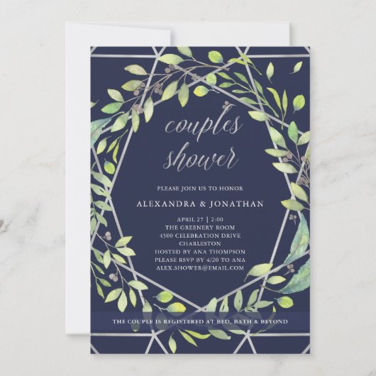 Moderne Botanische | Zilver en Blauw Koppels Douch Kaart (Voorkant)