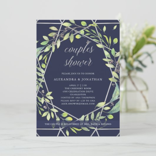 Moderne Botanische | Zilver en Blauw Koppels Douch Kaart (Staand voorkant)