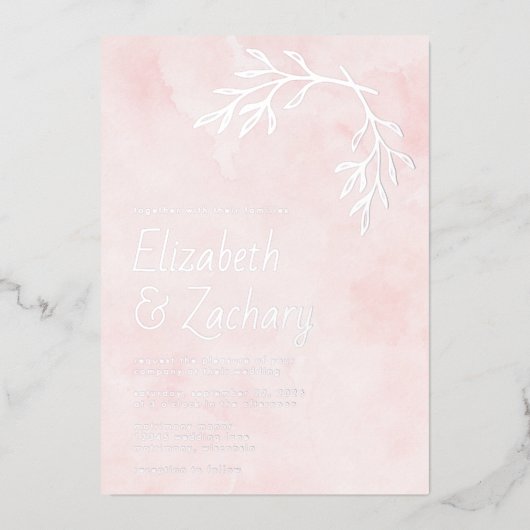 Moderne Botanische Zilveren Blush Roze Huwelijk Folie Uitnodiging (Voorkant)