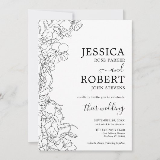 Moderne botanische zwarte bruiloft minimalistisch kaart (Voorkant)