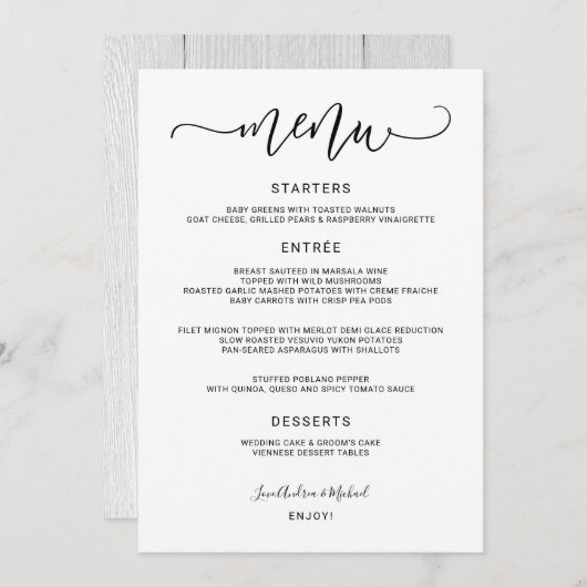 Moderne Bounce kalligrafie Swirly (zwart) bruiloft Menu (Voorkant / Achterkant)