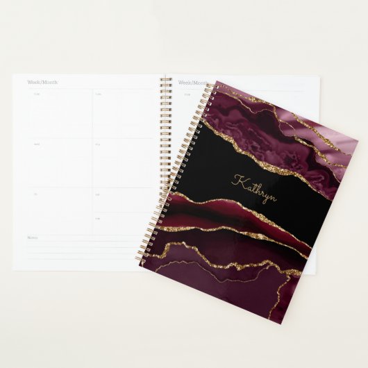 Moderne Bourgogne Black & Gold Agaat Personalisere Planner (Display)
