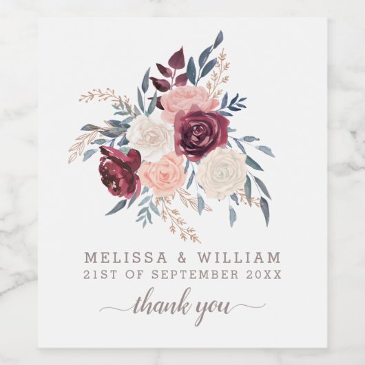 Moderne Bourgogne Bloemen Dank u Ivoor Bruiloft Wijn Etiket (Enkel label)