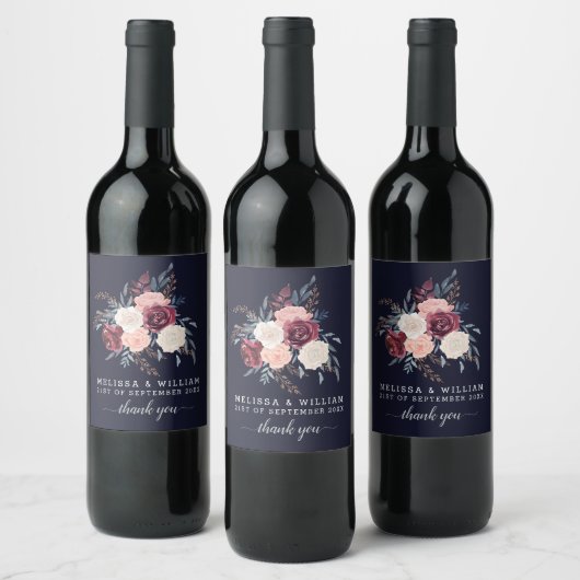Moderne Bourgogne Bloemen Dank u Navy Bruiloft Wijn Etiket (Flessen)