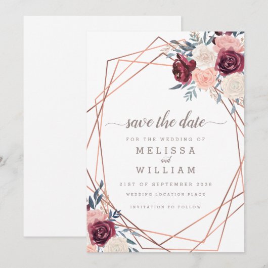 Moderne Bourgogne Bloemen Geometrische Ivoor Bruil Save The Date (Voorkant / Achterkant)