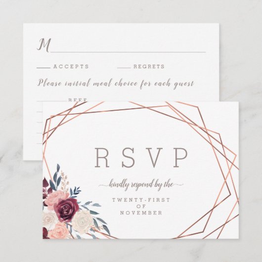 Moderne Bourgogne Bloemen Geometrische Ivoor Maalt RSVP Kaartje (Voorkant / Achterkant)