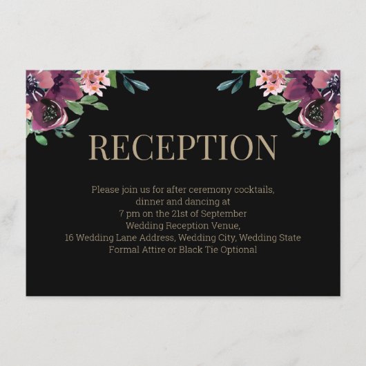 Moderne Bourgogne Bloemen Goud Monogram Ontvangst Informatiekaartje (Voorkant)