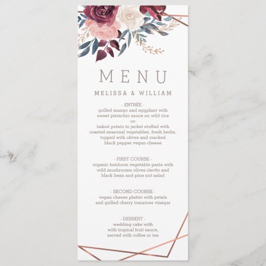 Moderne Bourgogne Bloemen Ivoor Bruiloft Menu (Voorkant)