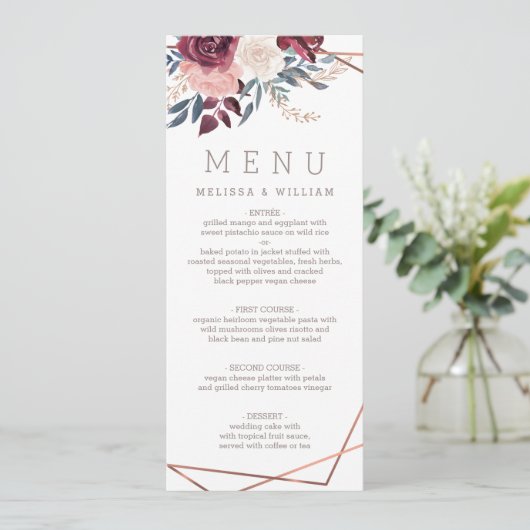 Moderne Bourgogne Bloemen Ivoor Bruiloft Menu (Staand voorkant)