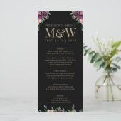 Moderne Bourgogne Bloemen Zwart Goud Monogram Brui Menu (Staand voorkant)