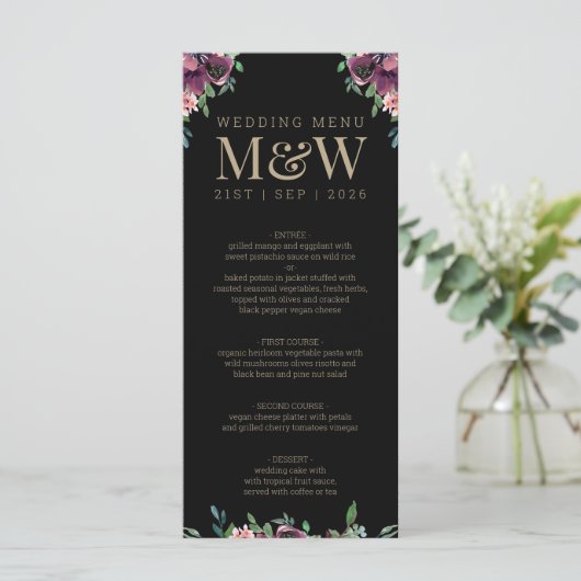 Moderne Bourgogne Bloemen Zwart Goud Monogram Brui Menu (Staand voorkant)