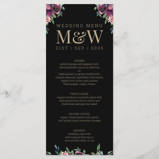 Moderne Bourgogne Bloemen Zwart Goud Monogram Brui Menu (Voorkant)