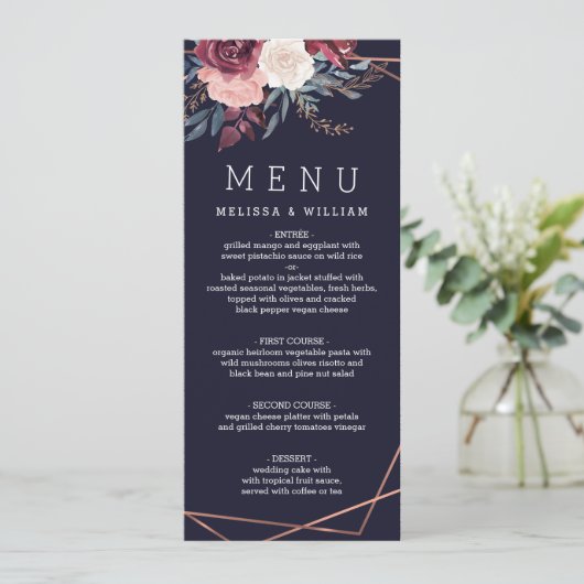 Moderne Bourgogne Bloemenmarine bruiloft Menu (Staand voorkant)