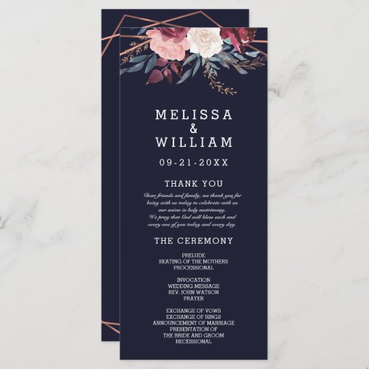 Moderne Bourgogne Bloemenmarine geometrische bruil Programmakaart (Voorkant / Achterkant)