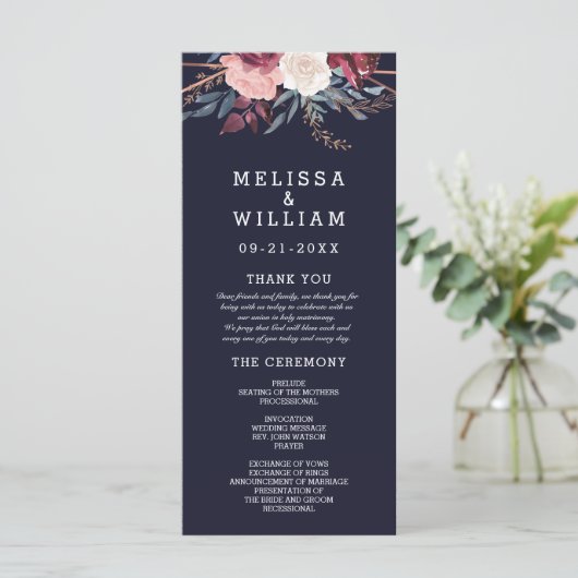 Moderne Bourgogne Bloemenmarine geometrische bruil Programmakaart (Staand voorkant)